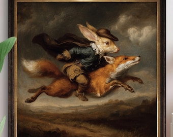 Zorro montando un conejo – Lámina decorativa de estilo vintage con motivos de animales del bosque – Se vende sin marco #528