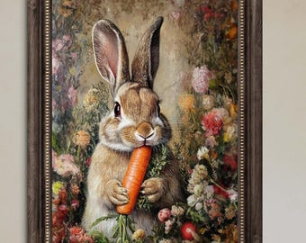 Bunny rabbit painting, Cute rabbit wall art, Floral animal artwork, Vintage bunny print, farmhouse art Sold UNFRAMED #179