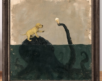 Cuadro decorativo de pulpo y perro con un toque surrealista: estampado animal con temática de helado. Se vende sin marco. #1233