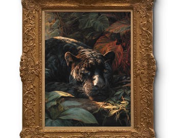 Black Panther Jungle Oil Painting Print – Moody Wildlife Wall Art, Exotic Animal Nature Decor, Sold UNFRAMED #317