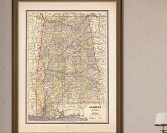 1887 Alabama map reprint - vintage Alabama map reprint 4 large/XL sizes up to 30x40" in 3 color choices - comes unframed