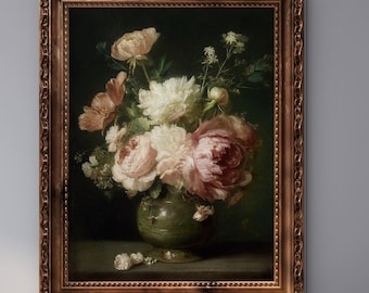 May include: A framed floral still life painting featuring a bouquet of pink and white peonies in a green vase. The painting has a dark background and is set in a decorative gold frame. The artwork hangs above a black sofa.