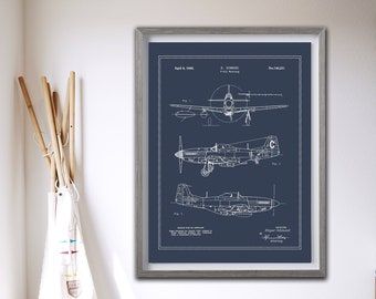 P-51 Mustang patent blueprint print- Boyss/Kid's Room Decor -WW2 airplane print - 4 sizes up to 24x30 & 3 color choices - sold UNFRAMED