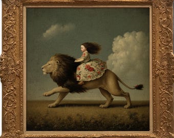 Whimsical Girl Riding Lion Art Print, Vintage-style Fairytale Art, Surreal Rustic Wall Decor for Nursery or Living Room - Sold UNFRAMED #787