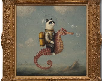 Whimsical Cat Riding Seahorse Print – Fantasy Ocean Wall Art, Surreal Animal Decor, Steampunk Underwater Poster, Sold UNFRAMED #577