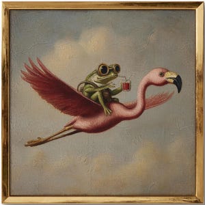 May include: A framed painting depicts a whimsical scene of a green frog wearing goggles riding a pink flamingo through a cloudy sky. The frog holds a small glass with a red drink. The flamingo has dark red wings and a black beak.