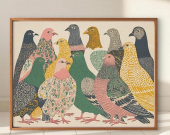 Pigeon Wall Art Print – Rustic Bird Poster, Farmhouse Animal Decor, Nature Wildlife Illustration for Home or Office - Sold UNFRAMED #616