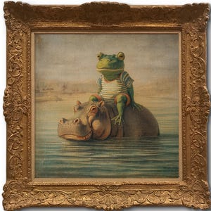 May include: A framed painting depicts a frog wearing a striped shirt and riding on the back of a hippopotamus in water. The painting has a gold ornate frame. The frog is green, and the hippo is gray.