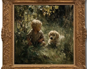 Impresión digital al óleo estilo vintage: Niño y golden retriever en el bosque: Escena infantil de una mascota - Se vende sin marco #443