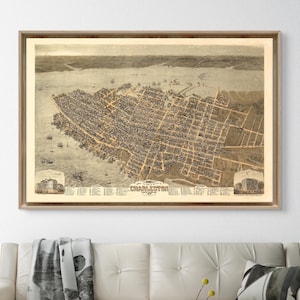 1872 Charleston panorama, Vintage Charleston SC map reprint - 5 large/XL sizes up to 54&quot; x 36&quot; and 3 color choices