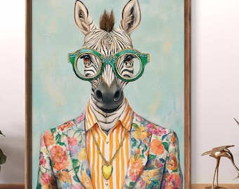 Fashion Zebra Art Wall Art Print, Quirky Animal Print, Zebra Wall Decor, Stylish Zebra Poster, Funky Wildlife Art, Sold UNFRAMED #141