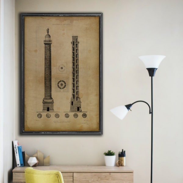 1890 Trajan's Column reprint, rustic Italian architecture reprint - 5 large/XL sizes up to 54" x 36"-in 3 color versions - comes unframed