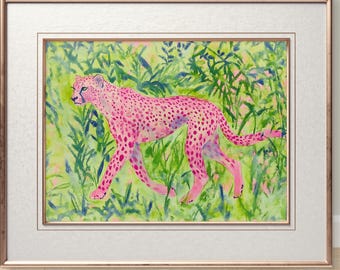 Colorful cheetah art, Jungle animal print, Pink cheetah painting, Safari wall decor, Wildlife watercolor,Sold UNFRAMED #181