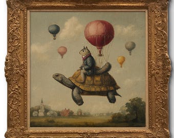 Whimsical Squirrel Riding Turtle Art Print – Vintage-style Surreal Animal Painting, Hot Air Balloon Fantasy Wall Decor- Sold UNFRAMED #592