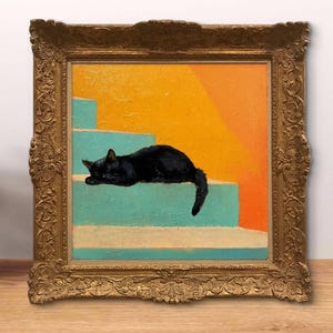 May include: A framed painting of a black cat sleeping on a set of blue and orange stairs. The painting is in a gold frame with ornate details.
