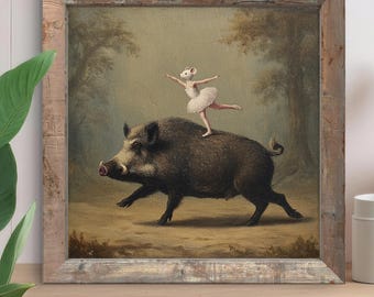 Whimsical Mouse Ballerina Wall Art – Vintage-style Surreal Animal Painting of Mouse Dancing on Wild Boar - Sold UNFRAMED #638
