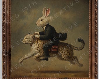 Dapper Rabbit Riding a Leopard – Surreal Vintage-style Animal Portrait Wall Art Print - Sold UNFRAMED #393
