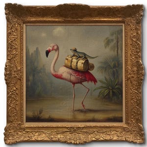 May include: A framed painting depicts a pink flamingo wading in water, carrying luggage on its back, with a lizard passenger. The artwork is set in a tropical landscape with palm trees and mountains in the background. The frame is ornate and gold-colored.