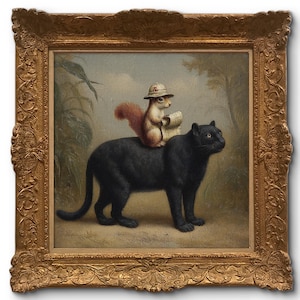 May include: A framed painting depicts a black panther with a squirrel riding on its back. The squirrel wears a safari hat and holds a scroll. The painting has a gold ornate frame and a jungle background.