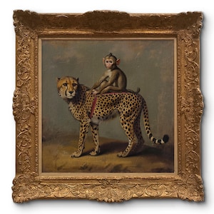 May include: An antique framed painting depicts a cheetah with a monkey riding on its back. The cheetah has a spotted coat and a red harness. The painting is in a gold ornate frame.