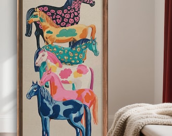 Colorful Stacked Horses Art Print, Whimsical Horse Poster, Modern Folk Art Painting, Nursery & Kids Room Decor - Sold UNFRAMED #906