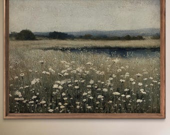 Vintage-style Wildflower Field Print – Soft Neutral Landscape Wall Art in Antique Oil Painting Style - Sold UNFRAMED #407