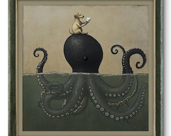 Whimsical Octopus & Dog Wall Art – Surreal Animal Print with Ice Cream Fantasy, Sold UNFRAMED #339