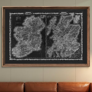 1862 Double Map of Ireland & Scotland reprint , Vintage Ireland/Scotland reprint- 5 L/XL sizes up to 54&quot; x 36&quot;- 3 color choices - unframed