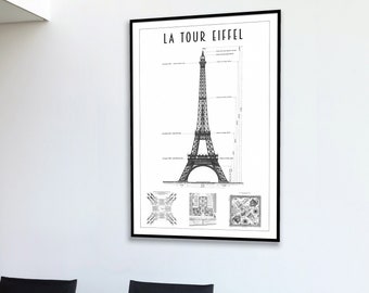 Eiffel Tower Blueprint reprint - Eiffel Tower poster print - Paris decor - 3 sizes up to 24X36" and four color choices - comes UNFRAMED