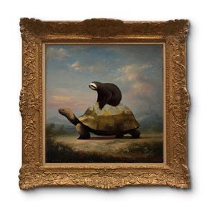 May include: A framed painting depicts a tortoise carrying a sloth. The tortoise has a brown head and legs, with a patterned shell. The sloth is dark brown and sits on the tortoise's back. The painting is set against a landscape with a blue sky.