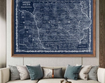 1862 Iowa map reprint, Johnson's Atlas Iowa map reprint - 4 large/XL sizes up to 48"x36"- in 3 color choices