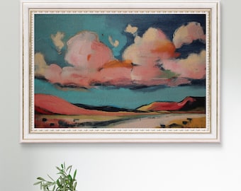 May include: An oil painting in a white frame depicts a landscape with a vibrant sky and rolling hills. The sky features pink and peach-colored clouds against a teal background. The hills are shades of red and orange.