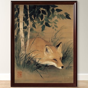 Vintage-style Japanese Fox Wall Art Print – Oriental Woodland Animal Illustration Poster - Sold UNFRAMED #437