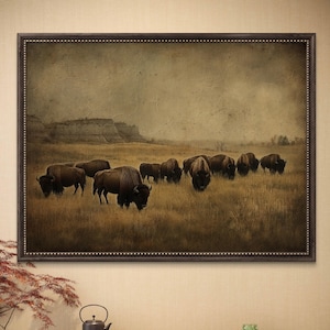 Vintage-style Bison Wall Art – Western Buffalo Herd Landscape Print - digital art wall decor, Sold UNFRAMED #301