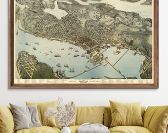 1891 Seattle panorama, Vintage Seattle map home decor reprint - 4 large sizes up to 54" x36" -sold UNFRAMED only - pls see full listing