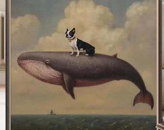 Boston Terrier Riding Whale | Whimsical Animal Art Print | Nautical Wall Decor | Funny Ocean Pet Art - Sold UNFRAMED #987