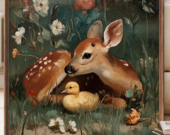 Deer and Duck in Wildflowers – Animal Oil Painting Print, Whimsical Nature Nursery Wall Art, Cottagecore Home Decor - Sold UNFRAMED #860