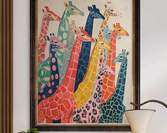 Colorful Giraffes Wall Art – Whimsical Safari Animal Print for Kids Room or Nursery - Sold UNFRAMED #384