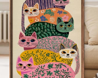 Colorful Mid-Century Cat Art Print – Whimsical Floral Cats Poster - Retro Boho Wall Decor - Sold UNFRAMED #811