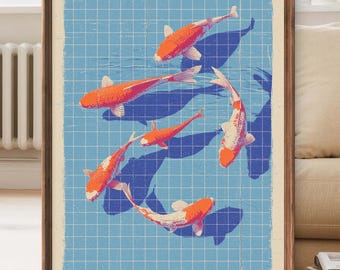 Koi Fish Wall Art – Japanese Zen Pond Painting, Tranquil Feng Shui Home Decor Print - Sold UNFRAMED #654