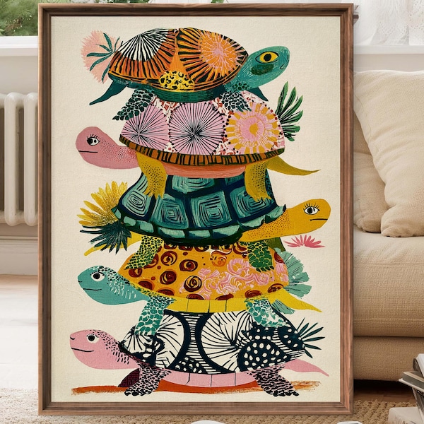Colorful Turtle Stack Art Print, Whimsical Nursery Wall Decor, Mid-Century like Animal Illustration, Kids Room Poster - Sold UNFRAMED #922
