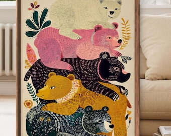 Whimsical Bear Totem Art Print, Colorful Folk Style Woodland Animal Poster, Boho Nursery Wall Decor - Sold UNFRAMED #886