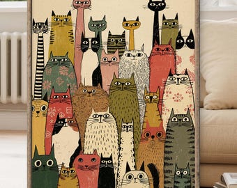 Whimsical Colorful Cats Wall Art Print, Folk Art Cat Painting, Boho Cat Poster, Scandinavian Style Animal Decor - Sold UNFRAMED #1111