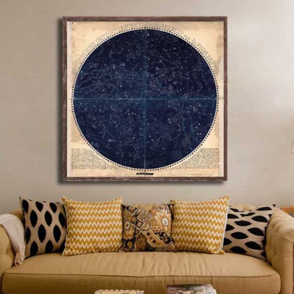 1850 Northern Constellations map reprint, astronomy chart - 6 sizes up to 48" x48" in 1 or 4 parts and brown or blue - sold unframed only