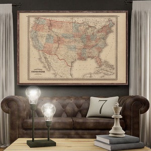 1870 Johnson's United States map reprint, Vintage USA map reprint - 5 large/XL sizes up to 54"x36"- 3 color choices - unframed