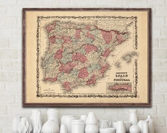 1862 Spain and Portugal map reprint - 4 large/XL sizes up to 48" x 36" print in 1 or 4 sections & 3 color choices