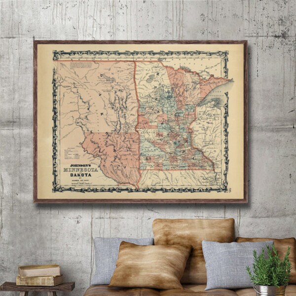 1862 Johnson's Map of Minnesota and Dakota Territory map reprint - 3 color choices, 4 large/XL sizes up to 48" x 36" printed 1 or 4 sections