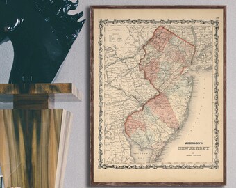 1862 New Jersey map reprint, Vintage Johnson's Atlas New Jersey map reprint - 4 large/XL sizes up to 36x48"  and 3 color choices