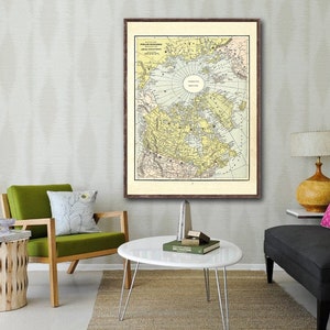 1887 North Pole map reprint - vintage Arctic Circle map reprint 4 large/XL sizes up to 30x40&quot; in 3 color choices - comes unframed