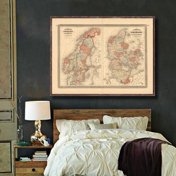 Map of Scandinavia 1870, Vintage Sweden/Norway/Denmark  map reprint  - home decor  - 3 color choices & 4 large/XL sizes up to 48" x 36"